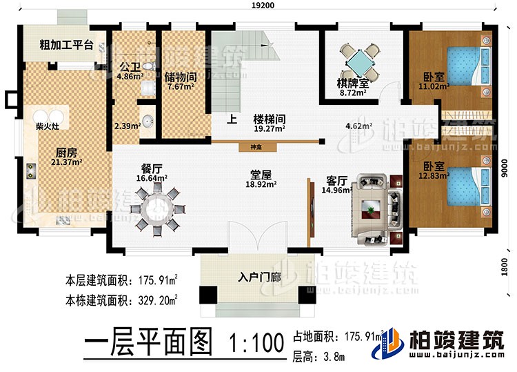 一層：入戶門廊、堂屋、神龕、客廳、餐廳、廚房、柴火灶、粗加工平臺、儲物間、樓梯間、棋牌室、2臥室、公衛(wèi)