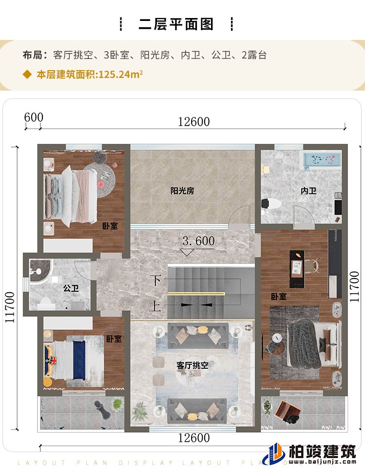 二層：客廳挑空、3臥室、陽光房、內(nèi)衛(wèi)、公衛(wèi)、2露臺