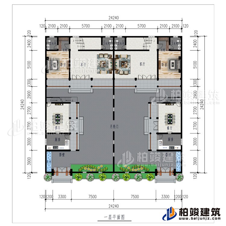 一層：月亮門、2廚房、2影壁、2餐廳、2客廳、2臥室、2衣柜、2內(nèi)衛(wèi)、2魚池