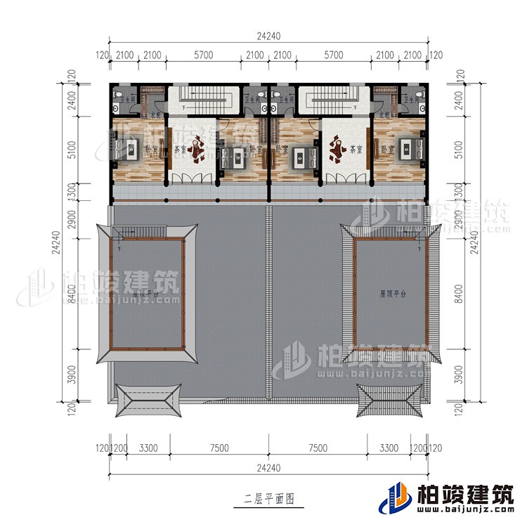 二層：2屋頂平臺、2茶室、4臥室、2衣柜、4內(nèi)衛(wèi)