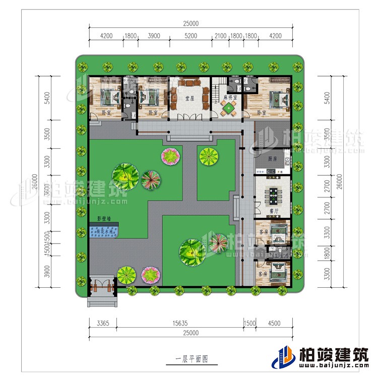 一層：影壁墻、花園、堂屋、廚房、餐廳、5臥室、2公衛(wèi)、2內(nèi)衛(wèi)、麻將室