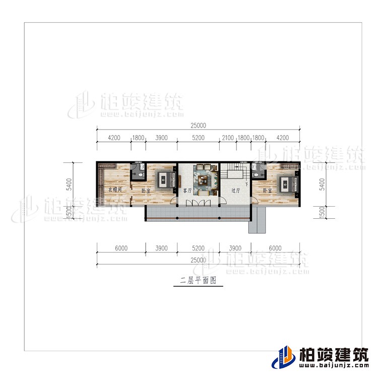 二層：過廳、客廳、衣帽間、2臥室