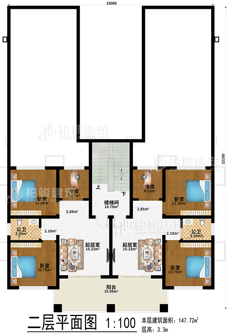 二層：2起居室、2書房、4臥室、2公衛(wèi)、樓梯間、陽臺(tái)