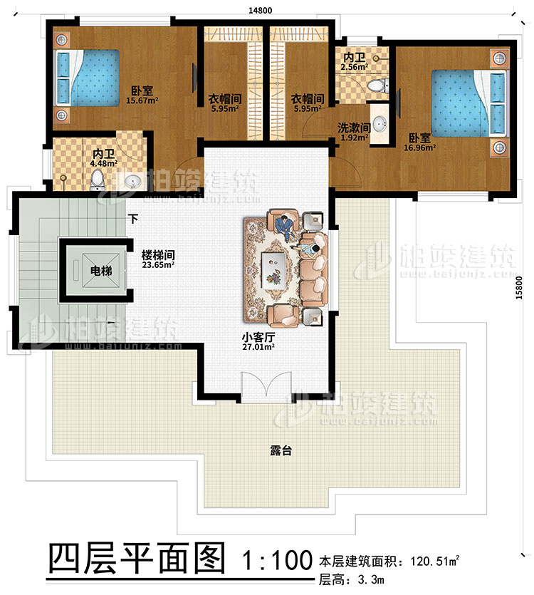 四層：2臥室、2衣帽間、2內(nèi)衛(wèi)、樓梯間、電梯、小客廳、露臺(tái)