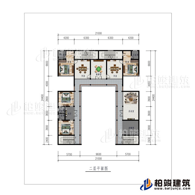 二層：棋牌室、2書房、活動室、雜物間、4臥室、4內(nèi)衛(wèi)、過廊