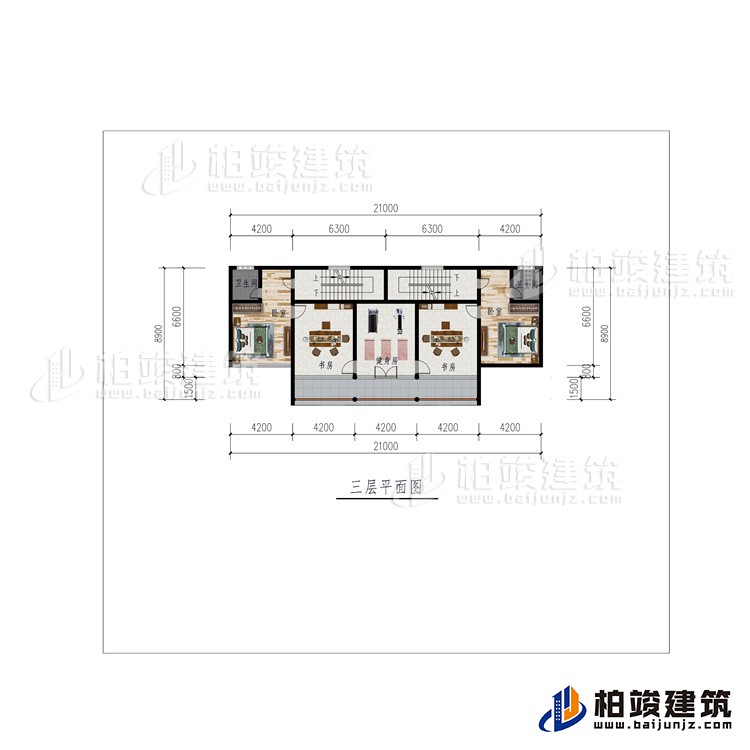 三層：2臥室、健身房、2書房、2內(nèi)衛(wèi)