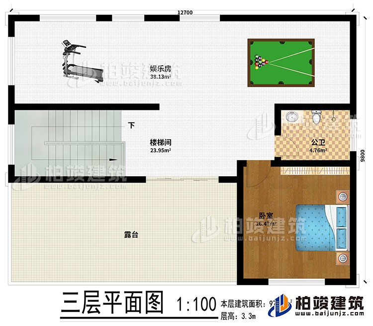 三層：娛樂室、樓梯間、公衛(wèi)、臥室、露臺