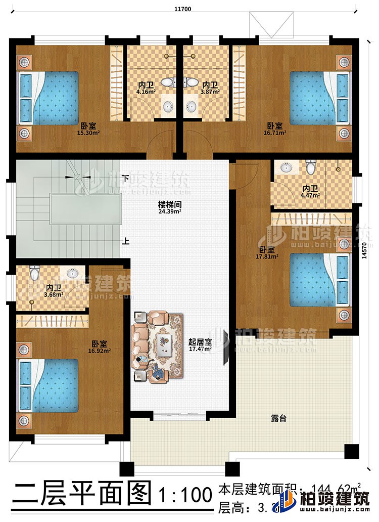 二層：起居室、樓梯間、4臥室、4內衛(wèi)、露臺