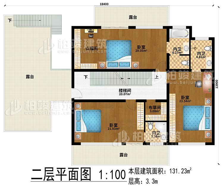 二層：樓梯間、3臥室、衣帽間、布草間、3內(nèi)衛(wèi)、3露臺