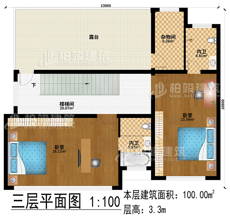 三層：2臥室、樓梯間、露臺、2內(nèi)衛(wèi)、雜物間