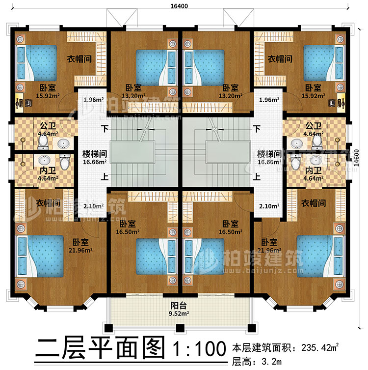 二層：2樓梯間、8臥室、4衣帽間、2公衛(wèi)、2內(nèi)衛(wèi)、陽臺