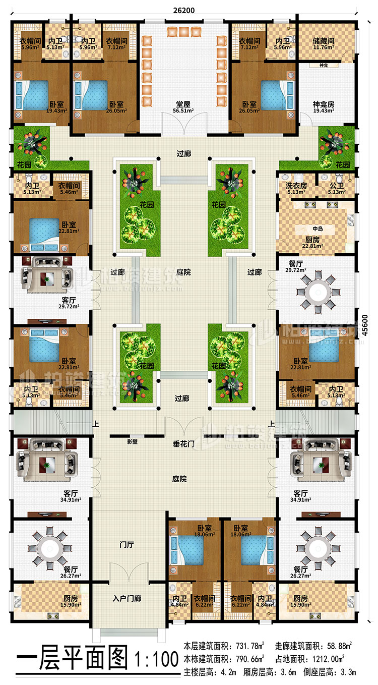 一層：入戶門廊、門廳、3餐廳、3廚房、3客廳、堂屋、神龕、神龕房、儲(chǔ)物間、6花園、4過(guò)廊、2庭院、影壁、垂花門、中島、洗衣房、公衛(wèi)、8臥室、8衣帽間、8內(nèi)衛(wèi)