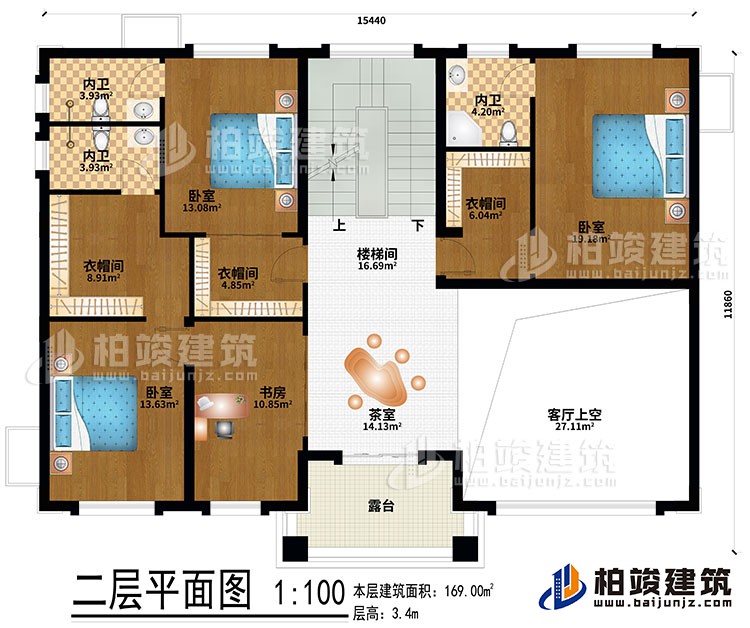 二層：茶室、樓梯間、客廳上空、3臥室、3衣帽間、書房、3內(nèi)衛(wèi)、露臺