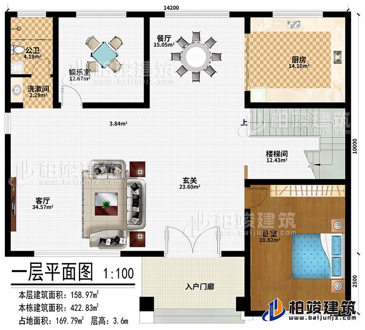 一層：入戶門廊、玄關(guān)、客廳、餐廳、廚房、娛樂室、樓梯間、臥室、洗漱間、公衛(wèi)