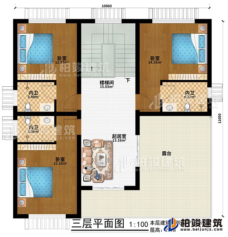 三層：起居室、樓梯間、3臥室、3內(nèi)衛(wèi)、露臺(tái)