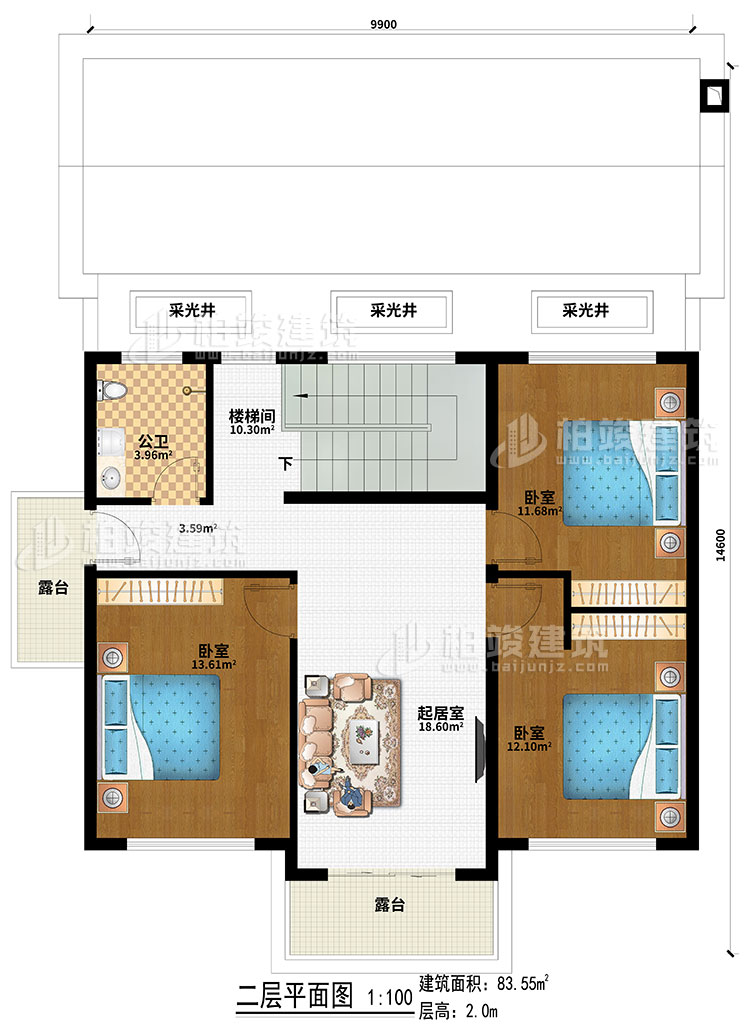 二層：3采光井、樓梯間、起居室、3臥室、2露臺