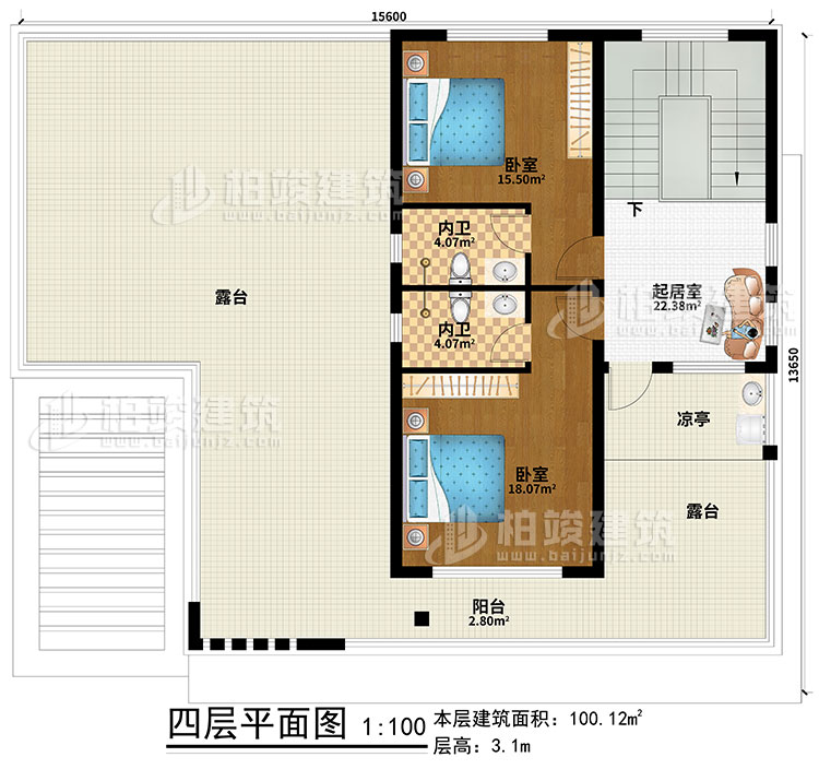 四層：起居室、2臥室、2內(nèi)衛(wèi)、涼亭、陽(yáng)臺(tái)、2露臺(tái)