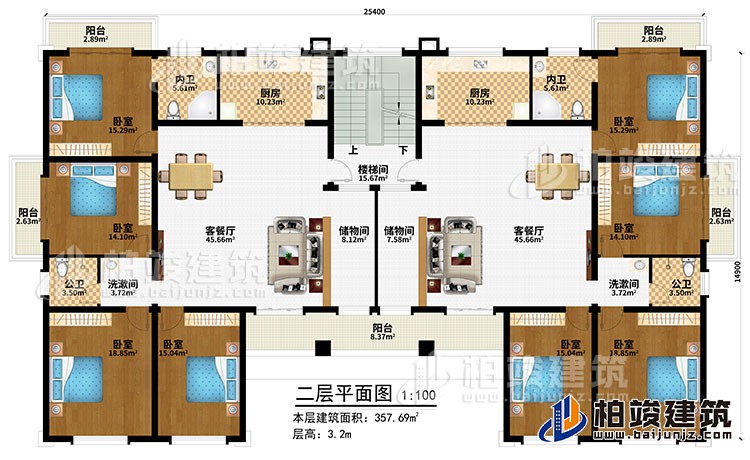 二層：樓梯間、2客餐廳、2儲(chǔ)物間、2廚房、8臥室、5陽(yáng)臺(tái)、2內(nèi)衛(wèi)、2公衛(wèi)、2洗漱間