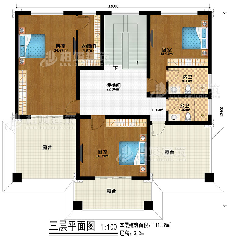 三層：樓梯間、3臥室、公衛(wèi)、內(nèi)衛(wèi)、3露臺(tái)、衣帽間