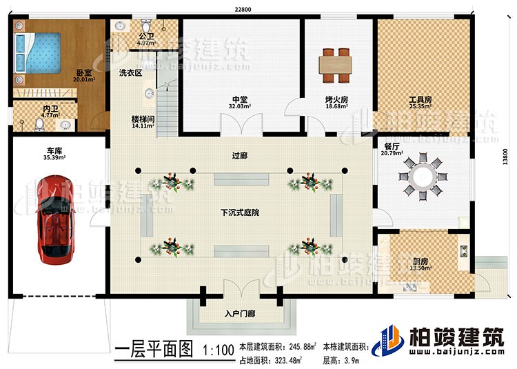 一層：入戶門廊、下沉式庭院、樓梯間、洗衣區(qū)、中堂、烤火房、工具房、餐廳、廚房、車庫(kù)、臥室、內(nèi)衛(wèi)、過(guò)廊