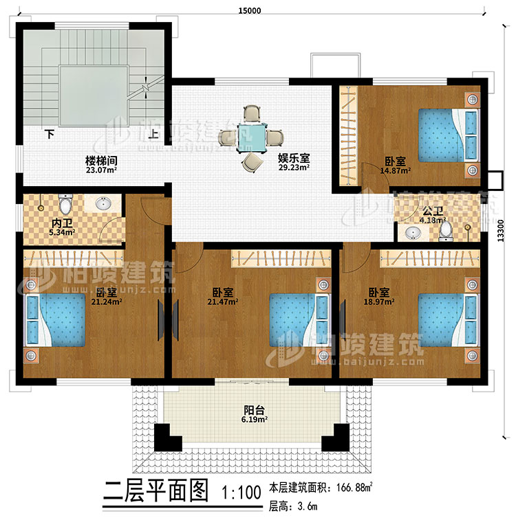 二層：樓梯間、娛樂(lè)室、4臥室、公衛(wèi)、內(nèi)衛(wèi)、陽(yáng)臺(tái)