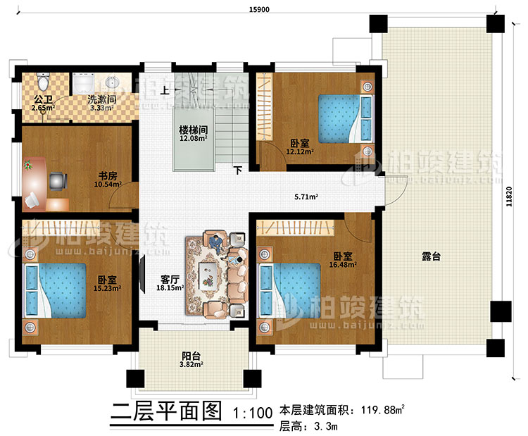 二層：客廳、樓梯間、3臥室、書(shū)房、洗漱間、公衛(wèi)、露臺(tái)、陽(yáng)臺(tái)