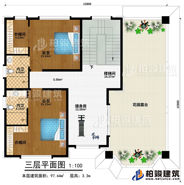 三層：健身房、樓梯間、2臥室、2衣帽間、2內(nèi)衛(wèi)、花園露臺(tái)