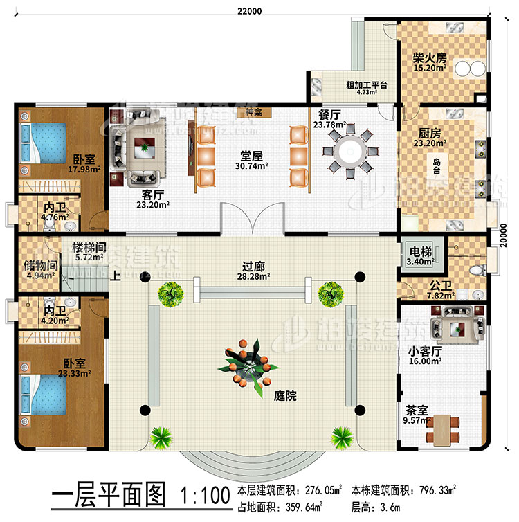 一層：過(guò)廊、庭院、堂屋、神龕、客廳、餐廳、廚房、柴火房、粗加工平臺(tái)、電梯、樓梯間、儲(chǔ)物間、小客廳、茶室、2臥室、2內(nèi)衛(wèi)、公衛(wèi)