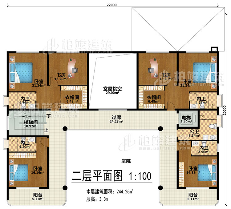 二層：堂屋挑空、過(guò)廊、樓梯間、電梯、4臥室、2衣帽間、2書房、4內(nèi)衛(wèi)、公衛(wèi)、2陽(yáng)臺(tái)