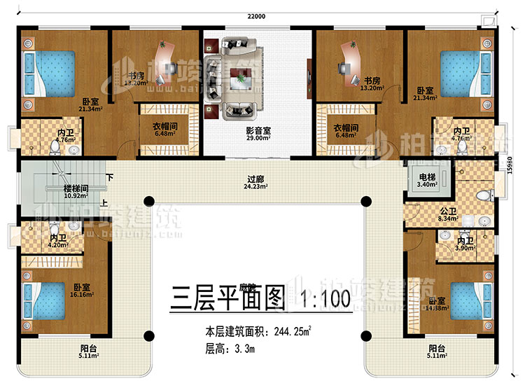 三層：影音室、過(guò)廊、樓梯間、電梯、4臥室、2衣帽間、2書房、4內(nèi)衛(wèi)、公衛(wèi)、2陽(yáng)臺(tái)