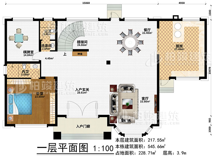 一層：樓梯間、3臥室、衣帽間、公衛(wèi)、內(nèi)衛(wèi)、陽光房、涼亭、2露臺(tái)