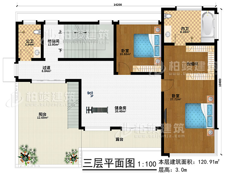 三層：健身房、樓梯間、2臥室、衣帽間、過道、公衛(wèi)、內(nèi)衛(wèi)、陽臺(tái)、露臺(tái)