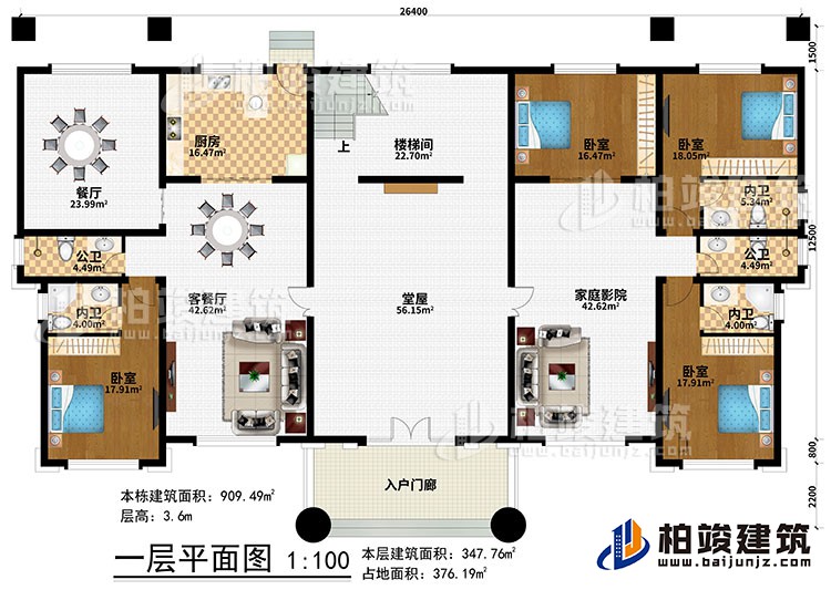 一層：入戶門廊、堂屋、客餐廳、餐廳、廚房、樓梯間、4臥室、2公衛(wèi)、3內(nèi)衛(wèi)、家庭影院