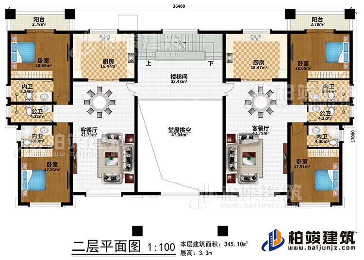 二層：堂屋挑空、樓梯間、2廚房、2客餐廳、4臥室、2公衛(wèi)、4內(nèi)衛(wèi)、2陽臺