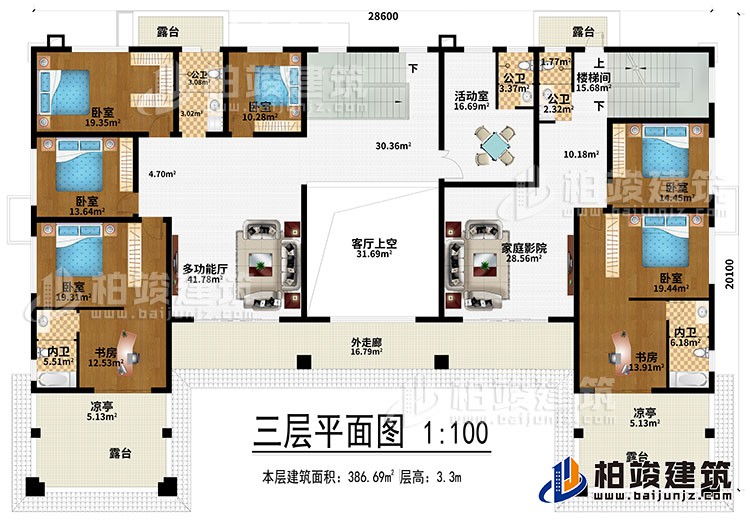 三層：多功能廳、客廳上空、家庭影院、6臥室、2書房、活動(dòng)室、3公衛(wèi)、2內(nèi)衛(wèi)、4露臺(tái)、2涼亭、外走廊、樓梯間