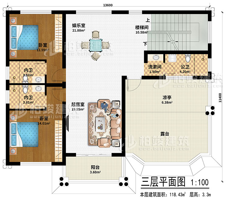 三層：起居室、娛樂室、樓梯間、2臥室、洗漱間、公衛(wèi)、2內(nèi)衛(wèi)、涼亭、陽臺、露臺