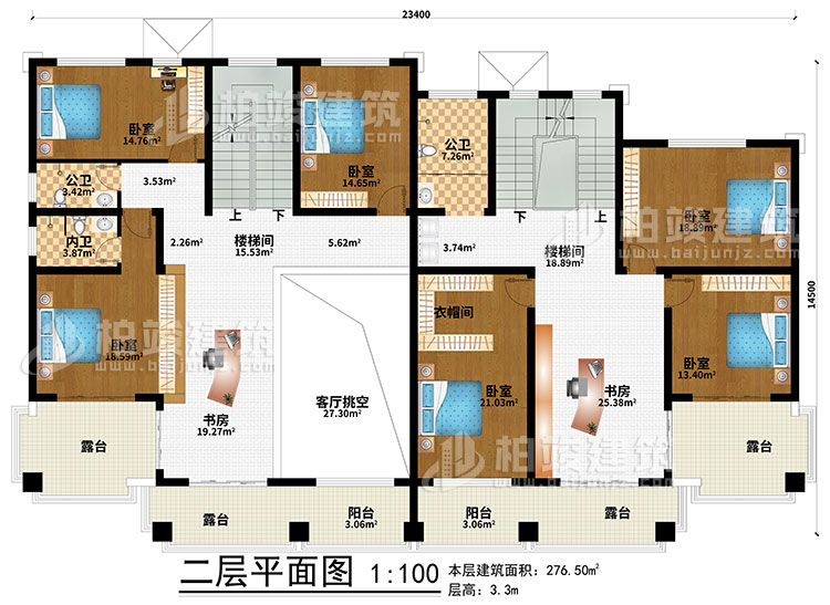 二層：2樓梯間、2書房、客廳挑空、6臥室、2公衛(wèi)、內(nèi)衛(wèi)、2陽臺、4露臺、衣帽間