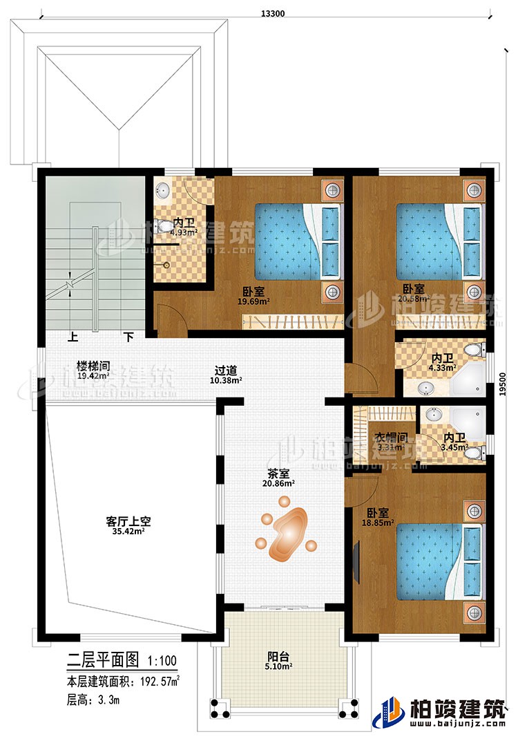 二層：樓梯間、3臥室、過道、茶室、客廳上空、衣帽間、3內(nèi)衛(wèi)、陽臺(tái)