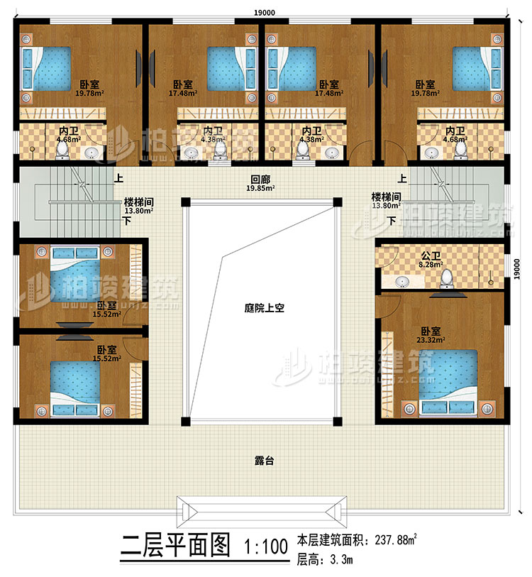 二層：回廊、露臺、庭院上空、2樓梯間、7臥室、4內(nèi)衛(wèi)、公衛(wèi)