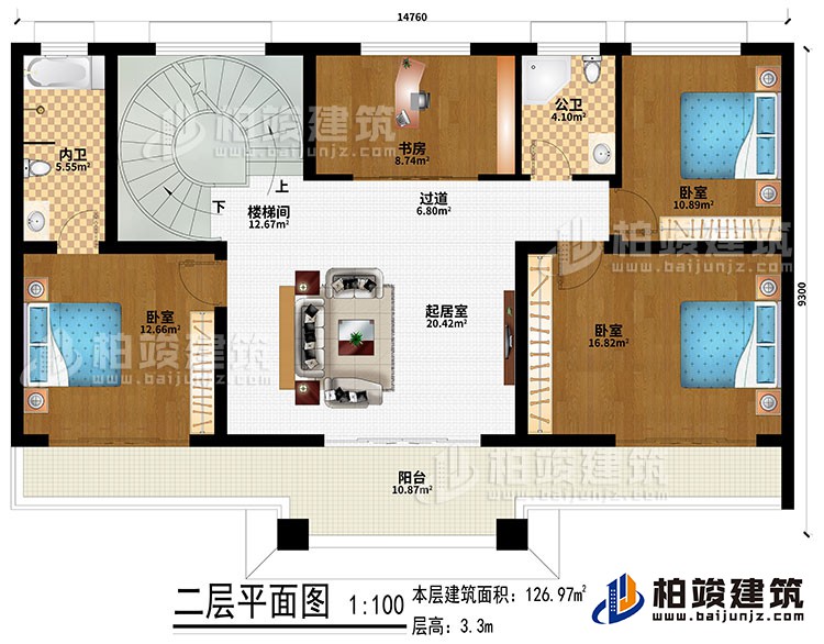 二層：起居室、樓梯間、過道、3臥室、書房、公衛(wèi)、內(nèi)衛(wèi)、陽臺