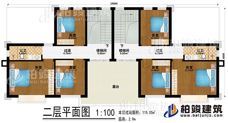 二層：2樓梯間、6臥室、2公衛(wèi)、2過道、露臺