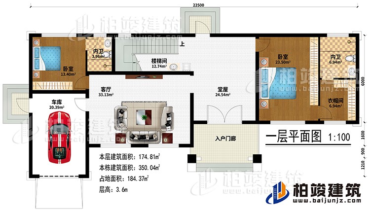 一層:入戶門廊、堂屋、客廳、車庫、樓梯間、2臥室、衣帽間、2內(nèi)衛(wèi)