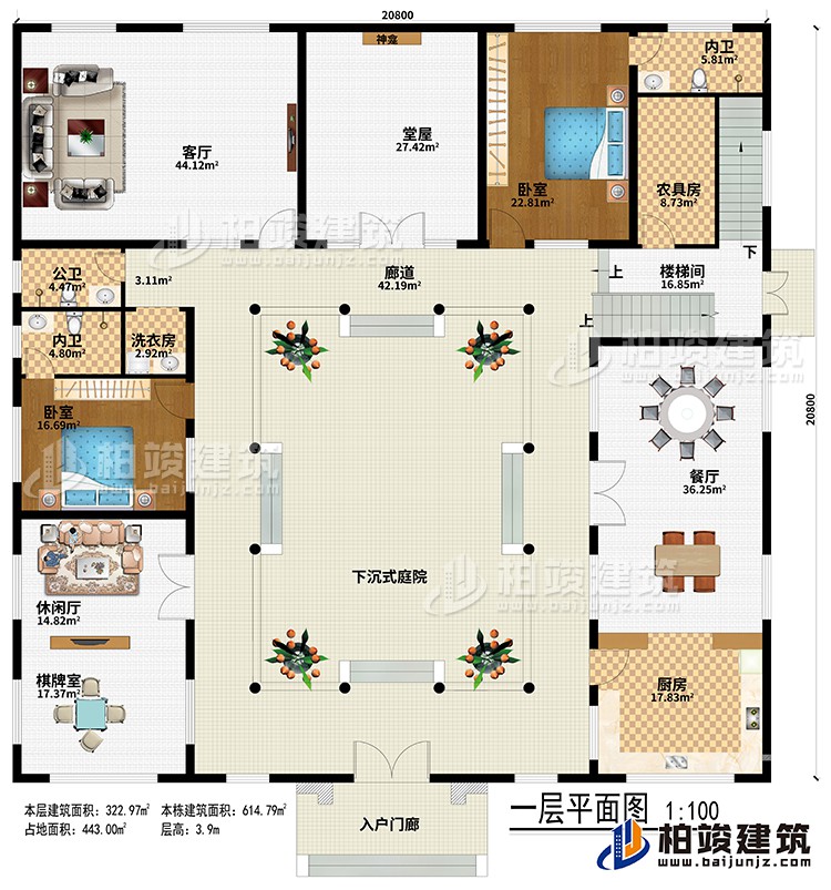 一層：入戶門廊、下沉式庭院、廊道、堂屋、神龕、客廳、餐廳、廚房、休閑廳、棋牌室、農(nóng)具房、樓梯間、2臥室、2內(nèi)衛(wèi)、公衛(wèi)、洗衣房