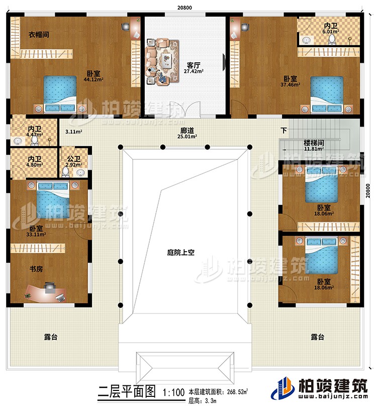 二層：樓梯間、廊道、庭院上空、客廳、5臥室、衣帽間、書房、3內(nèi)衛(wèi)、公衛(wèi)、2露臺