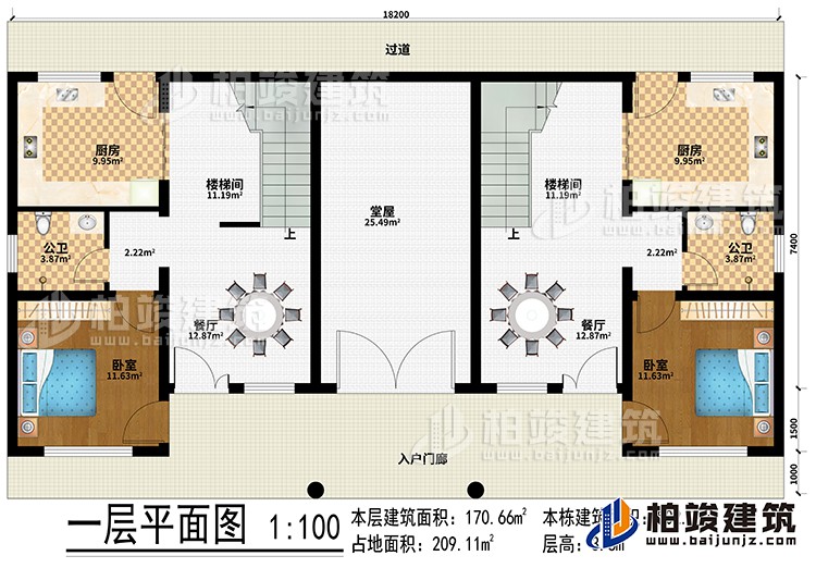 一層：入戶門廊、過道、堂屋、2廚房、2樓梯間、2餐廳、2臥室、2公衛(wèi)