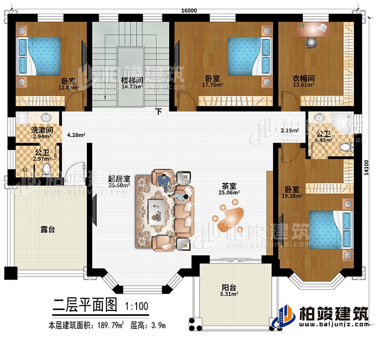 二層：樓梯間、起居室、茶室、3臥室、衣帽間、洗漱間、公衛(wèi)、內(nèi)衛(wèi)、陽臺、露臺