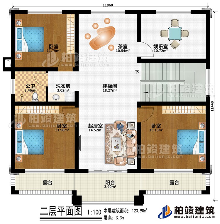 二層：樓梯間、起居室、茶室、3臥室、娛樂室、洗衣房、公衛(wèi)、陽臺、2露臺