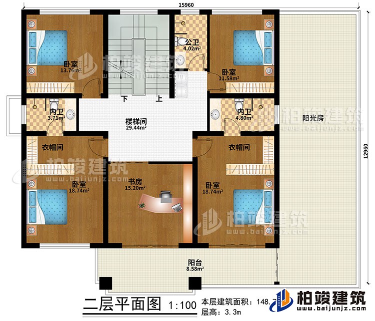 二層：樓梯間、4臥室、書房、2衣帽間、公衛(wèi)、2內衛(wèi)、陽臺、陽光房