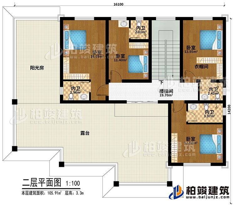 二層：4臥室、衣帽間、樓梯間、4內(nèi)衛(wèi)、陽光房、露臺