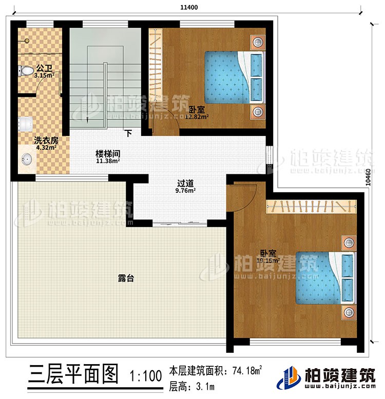 三層：過(guò)道、樓梯間、2臥室、公衛(wèi)、洗衣房、露臺(tái)